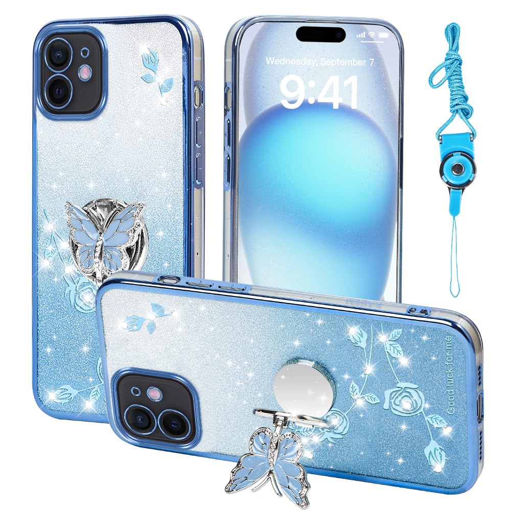 RTYQXK for Apple iPhone 12 (6.1 Inch) Phone Case,for Mobile Phone Case for Women and Girl, Glitter Butterfly Floral TPU Protective Cover with Kickstand+Strap for iPhone 12 (Blue)