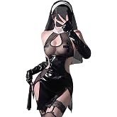 KJSUHFN Nun Costume for Women - Gothic Anime Lingerie Cosplay Outfit High Slit, Halloween Maid Dress for Roleplay
