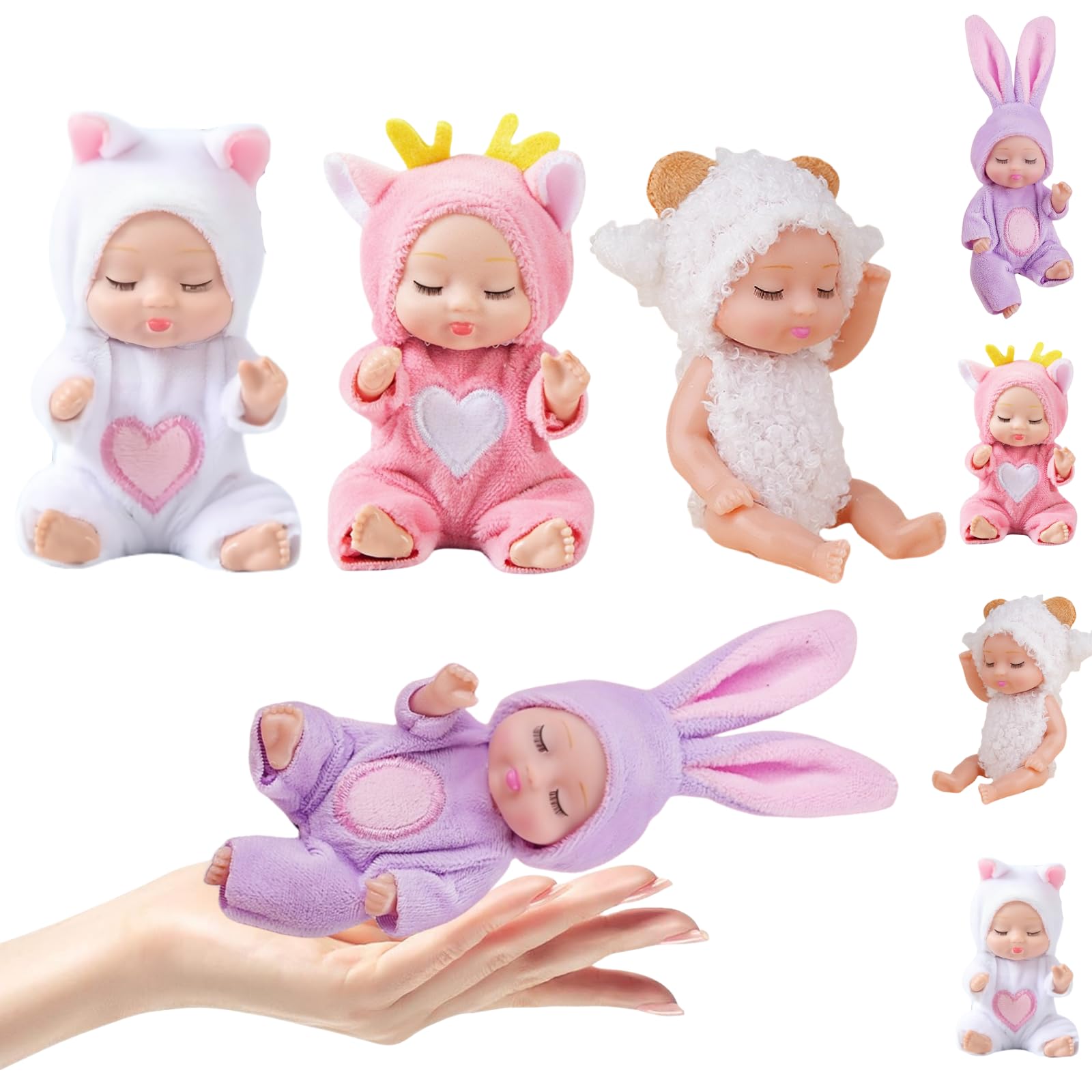 Xadothat 4 Pcs Mini Baby Dolls Set 4 Inch Small Baby Dolls with Animal Clothes for Pretend Play Birthday Gift, Collection(Dolls F)