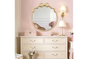 PERHOM Gold Round Wall Mirror - 20"x20" Vintage Baroque Ornate Bow Decor Mirror with Thick Metal Frame - Antique Mirrors for 