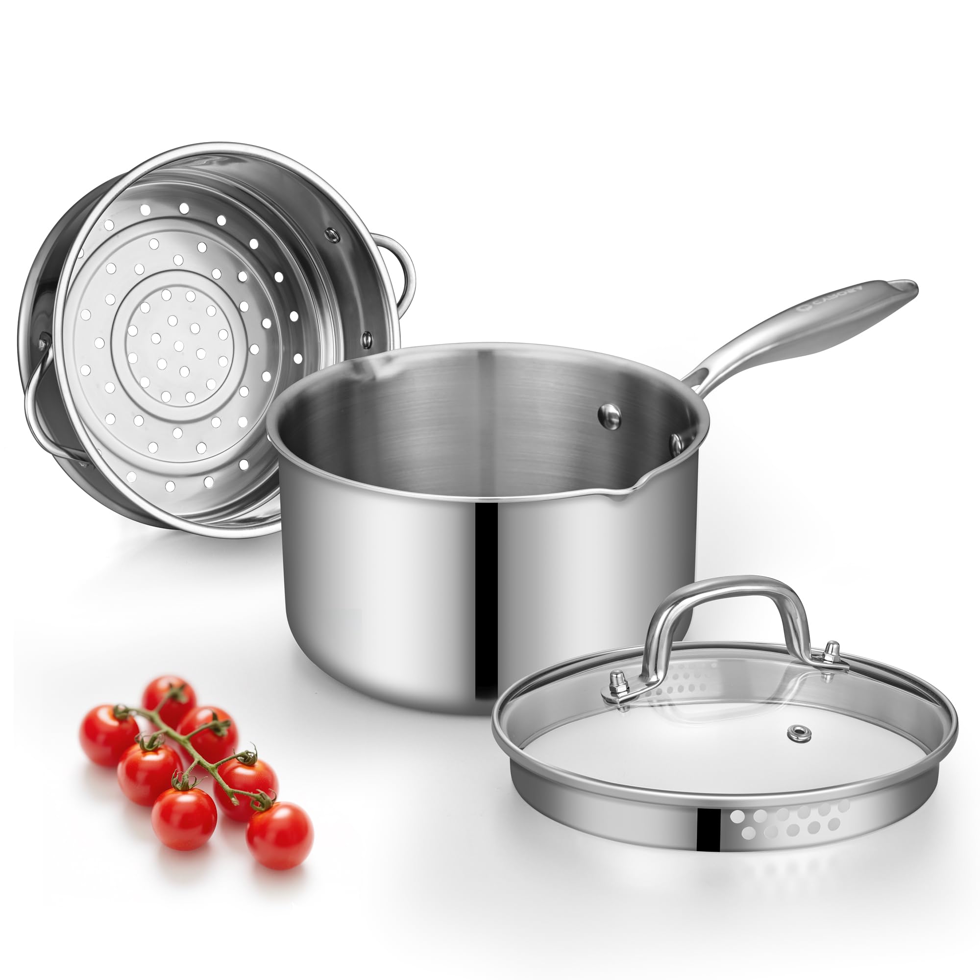 Photo 1 of **USED** Tri-Ply Stainless Steel Sauce Pan with Steamer Basket & Straining Glass Lid — Heavy-Duty,Thick Base,Rust-Resistant,Warp-Free —100% Food-Grade —Built to Last– Works with All Stovetops, Pasta Pot 2 QT