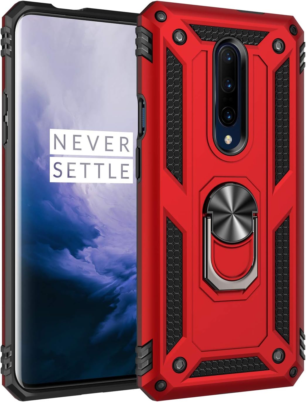 OnePlus 7 Pro Case Cover,Tough Heavy Protective 360 Metal Rotating Ring Kickstand Holder Grip Built-in Magnetic Metal Plate Armor Heavy Duty Shockproof (Red)