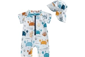 Ayalinggo Toddler Boys Rash Guard Swimsuit Sea World Animal Print Zipper Short Sleeve Bathing Suit with Swim Cap for Kids