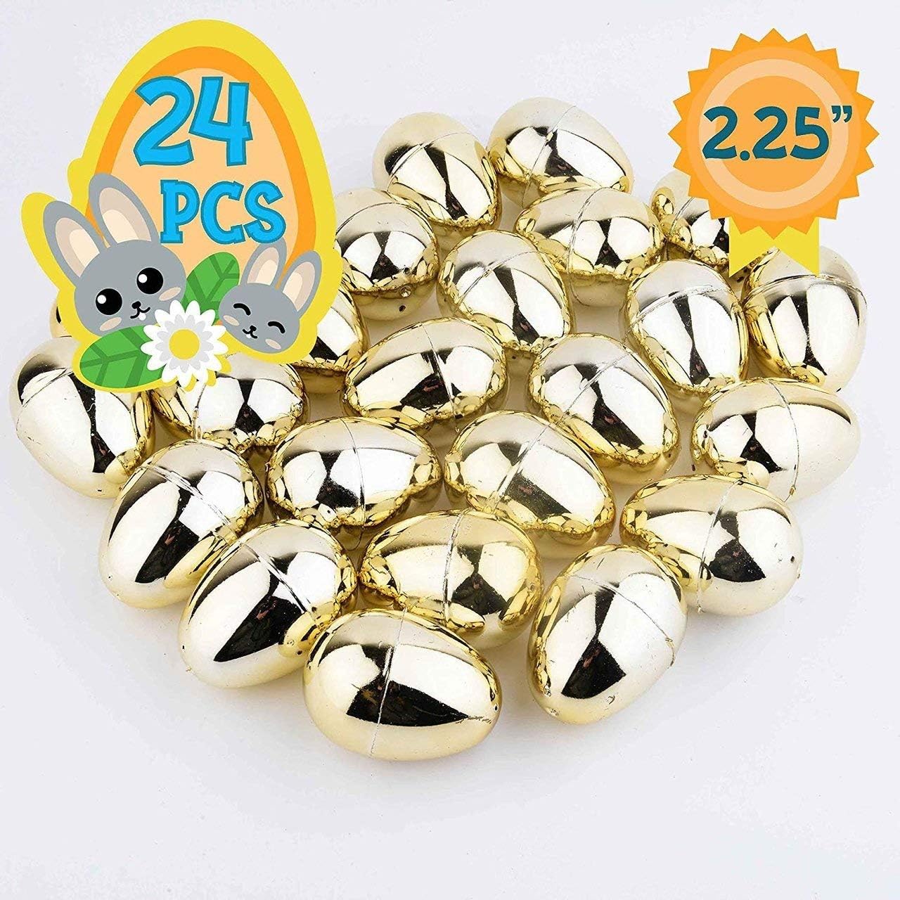 Totem World 24 2.25-inch Gold Metallic Easter Eggs - Perfect Size for Filling and Hiding Treats for Small Children - Bulk Assortment - Durable Designs That Snap Shut and Hold Tight