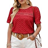 Eytino Plus Size Tops for Women Crewneck Puff Short Sleeve Summer Loose Casual Tshirts Blouse(1X-5X)