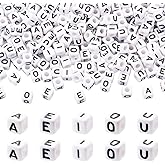 Cheriswelry 300Pcs White Cube Letter Alphabet Beads with Black Vowel Letter Acrylic Square Pony Bead Spacers Large Hole Loose Letter Beads 7-8mm for DIY Jewelry Making Bracelet Necklace Keychain