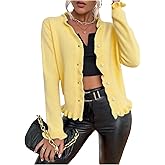 Verdusa Women's Ruffle Trim V Neck Button Down Long Sleeve Knit Cardigan Sweater