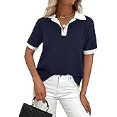 PRETTYGARDEN Summer Short Sleeve Polo Shirts for Women Collared V Neck Work Dressy Tops Knit Loose Business Casual Outfits