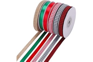 DAZUINIAO 6 Rolls 135 Yards Burlap Ribbon Gingham Ribbon Buffalo Plaid Ribbon 3/8 Inch Red Satin Ribbon Green Grosgrain Ribbo