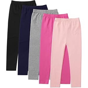 5 Pack Girls Cotton Leggings Soft Cotton Full Length Stretchy Pants, 4-14Y | Soft 93% Cotton & 7% Spandex Footless Tights wit