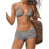 BEAUDRM Women's 2 Piece Leopard Bikini Set Cheetah Triangle Bikini with Shorts High Wasited Bathing Suit String Swimsuit