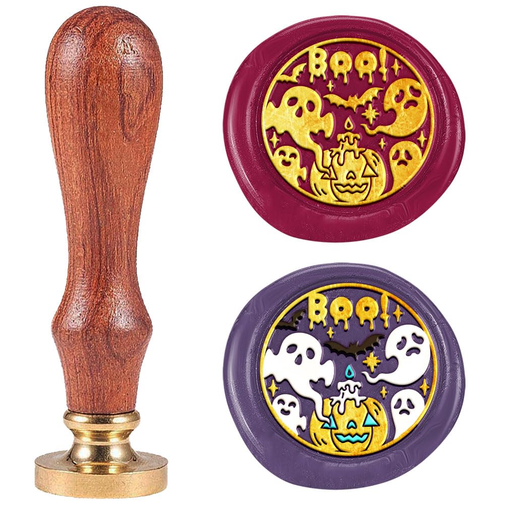 DELORIGIN Ghost Pumpkin Wax Seal Stamp Vintage Sealing Stamps 1" Removable Brass Head Seal Stamp with Wooden Handle for Envelope Greeting Card Letters Halloween Invitations Bottle Gift Wrapping