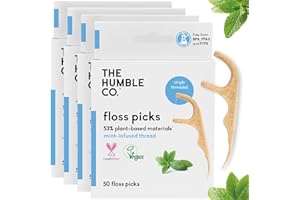 The Humble Co. Floss Picks (200 Count) – Plant Based Dental Floss Picks for Superior Oral Care, Dental Hygiene, and Gum Health, Cruelty Free Tooth Floss Picks (Mint, Single Thread)