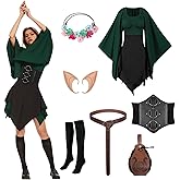 rumnigh 7 Pcs Women Elf Renaissance Costume Medieval Dress Traditional Irish Dress, Elf Cosplay Costume for Women Halloween