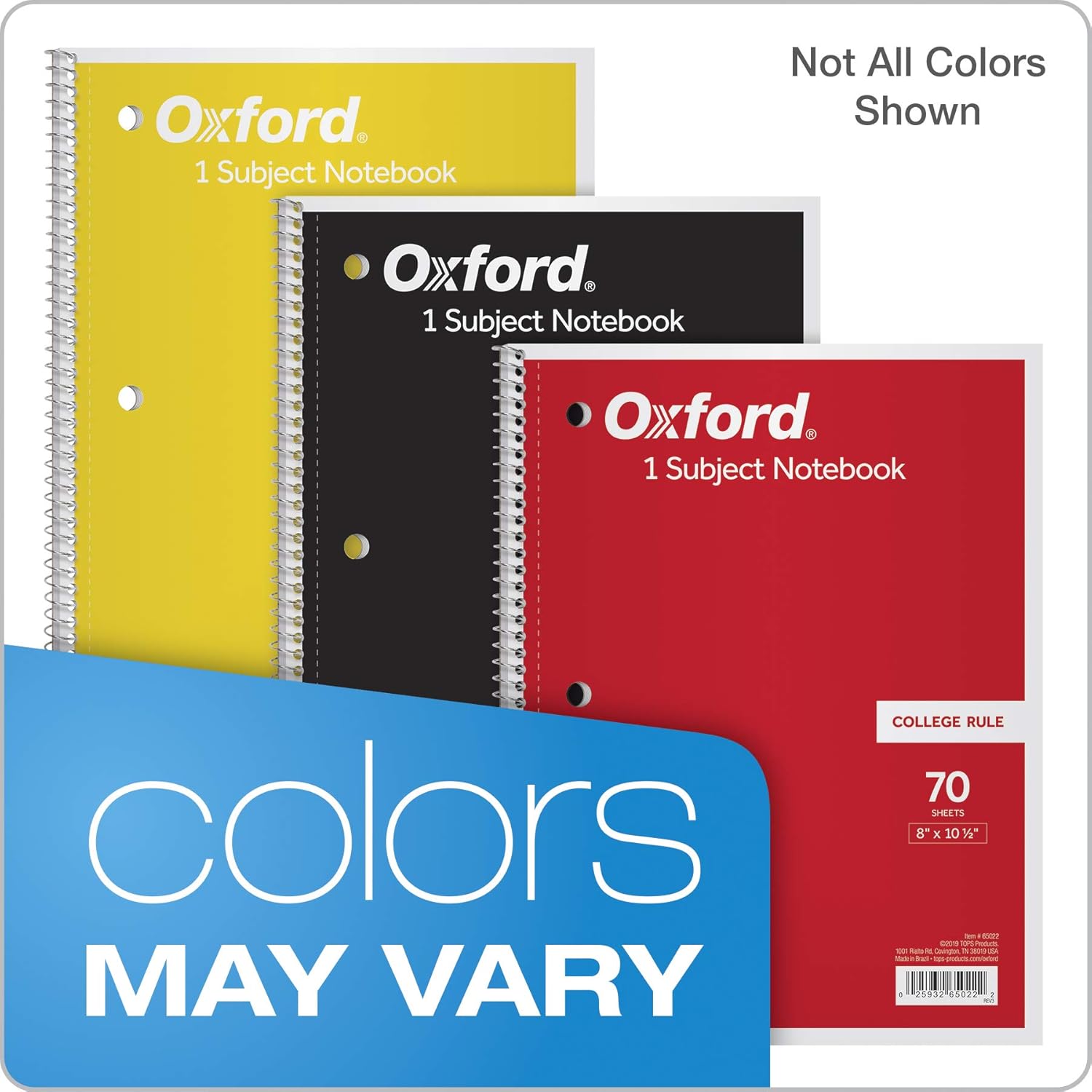 TOPS/Oxford 1-Subject Notebooks, 8" x 10-1/2", College Rule, 70 Sheets, 6 Pack, Color Assortment May Vary (65007) : Mead Spiral Notebook College Rule : Office Products