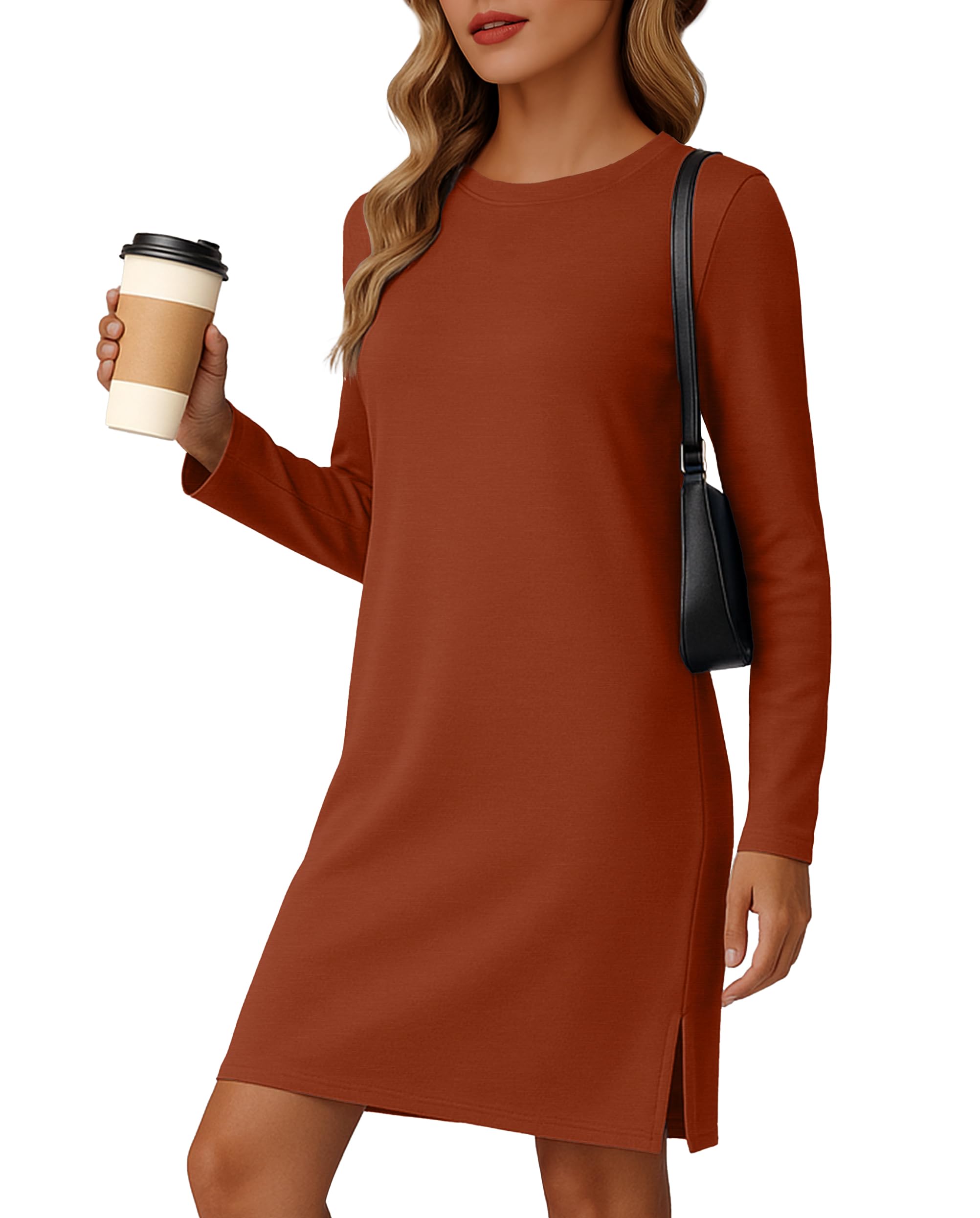 Photo 1 of Burnt Orange Dress for Women 2025 Casual Long Sleeve Dresses Trendy Travel Airport Outfits with Pockets Small