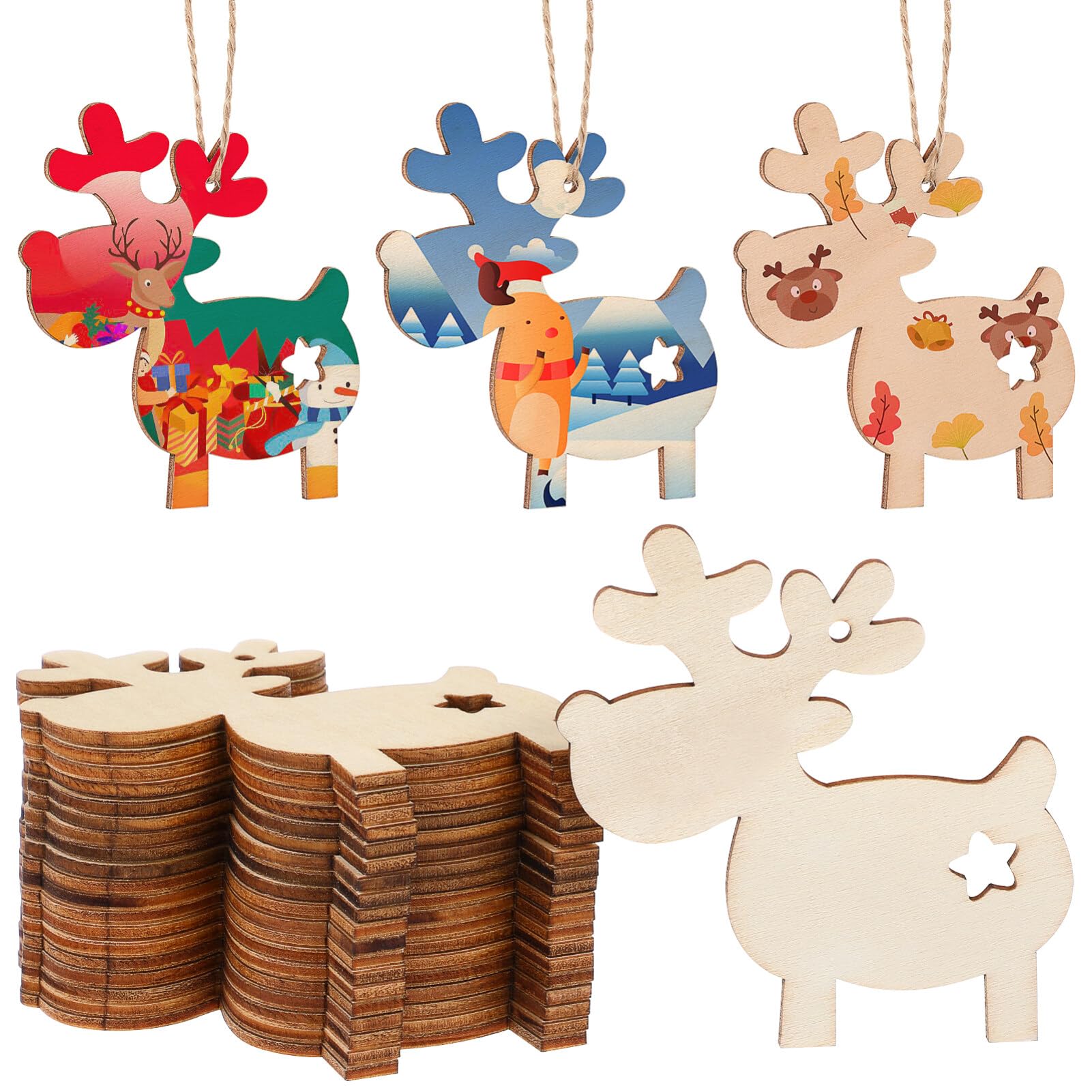 VALICLUD 20pcs Wooden Christmas Tree Decorations Ornaments Reindeer Cutouts Shapes DIY Christmas Embellishments Crafts Tags