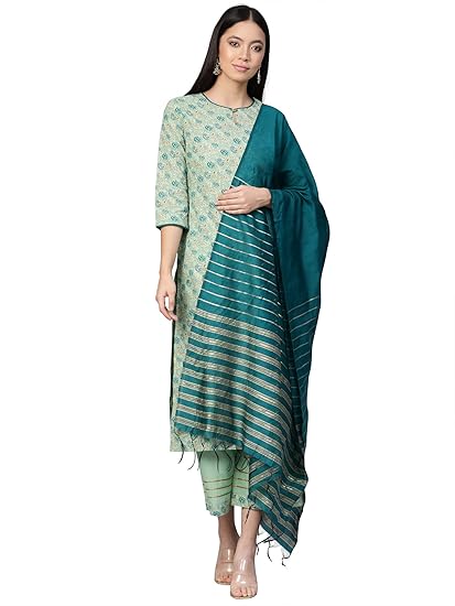 Women's Foil Printed Pure Cotton Straight Kurta Palazzo With Dupatta Set(IE13KS0SG1727_Light Green)
