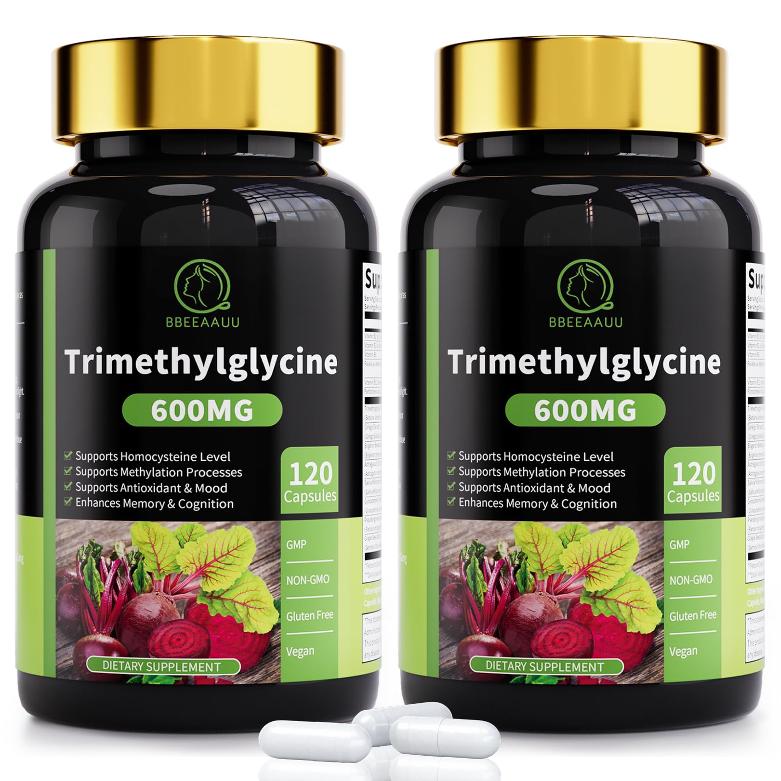 Photo 1 of (2 Pack) TMG Supplements - Trimethylglycine Capsules, Betaine Anhydrous 600mg, with Ginkgo & Vitamin B6, Supports Methylation, Liver Wellness & Cognitive, Non-GMO, Vegan, 120 Count