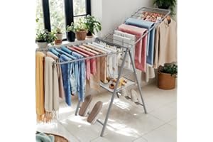 APEXCHASER Drying Rack Clothing, Clothes Drying Rack Foldable, Metal Laundry Drying Rack Collapsible for Sweater Towel Indoor & Outdoor, Height Adjustable Gullwing Clothes Airer, Grey