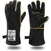 QeeLink Welding Gloves - Heat Resistant Leather and Fireproof Stitching for Fireplace Fire Pit Wood Stove BBQ Gardening Gear