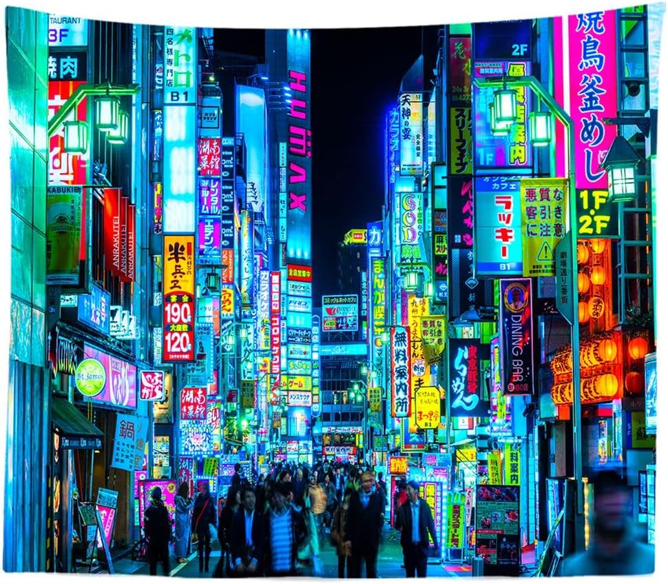 Tapestries - BULOR Japan Shinjuku Kabuki-cho Night Tapestry Punk Japanese Tokyo Billboards District City Art Wall Hangings for Living Room Bedroom Dorm Man Cave Background(80x60 Inch)