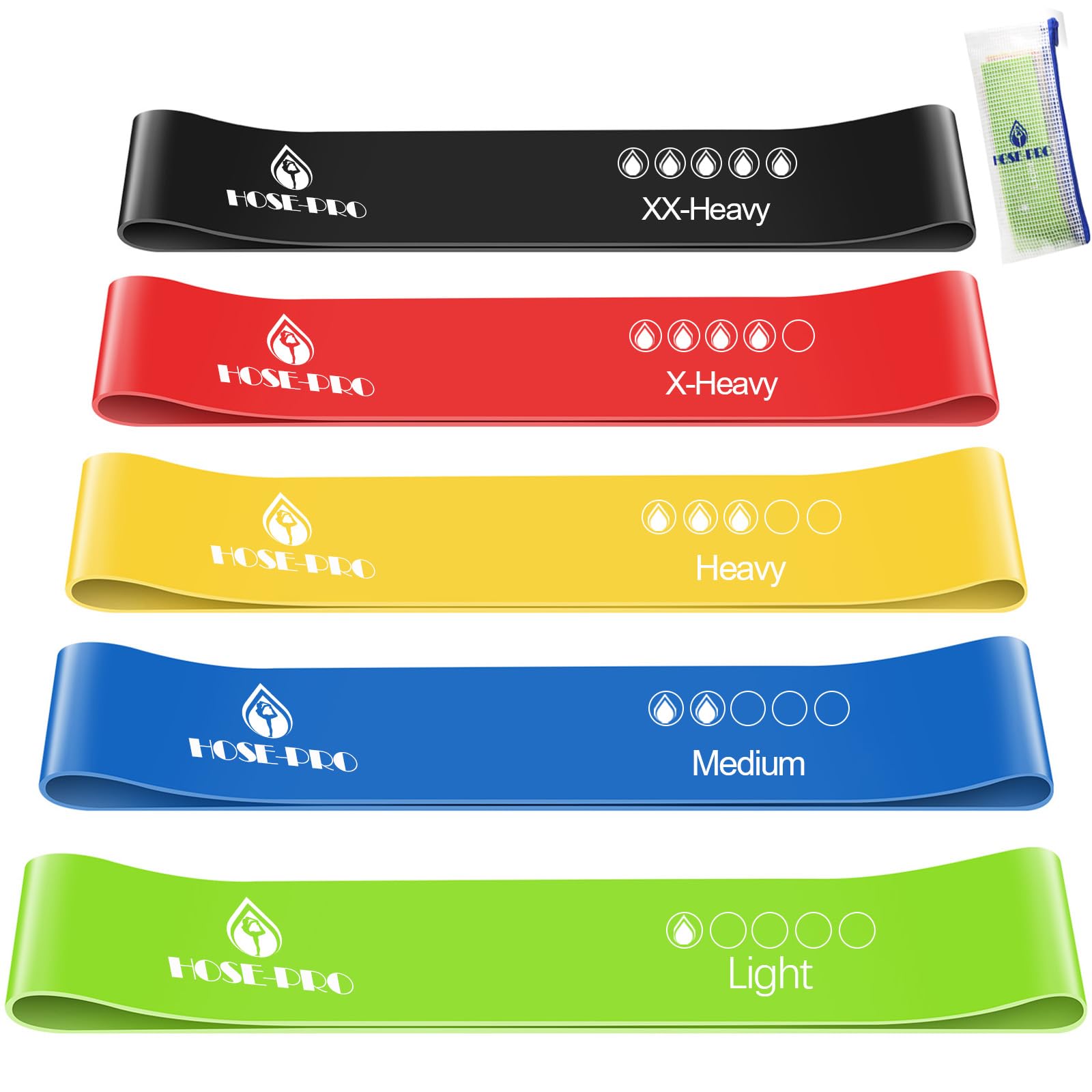 Hose-pro Resistance Bands [Set of 5] - Skin-Friendly Natural Rubber Exercise Bands with 5 Resistance Levels (5-40lbs) for Home Gym, Physio, Yoga & Strength Training - Includes Travel Bag