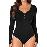 LYANER Women's Henley Shirts Long Sleeve Bodysuit V Neck Button Down Body Suit Leotard Tops