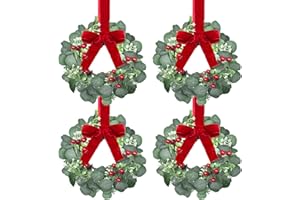 TURNMEON 4 Pack 12 Inch Christmas Kitchen Decor Mini Christmas Wreath Small Cabinet Wreaths with Red Bow Eucalyptus Leaves Flowering Boxwood Branches Red Berry Xmas Wreaths for Windows Door Wall Stairs Home