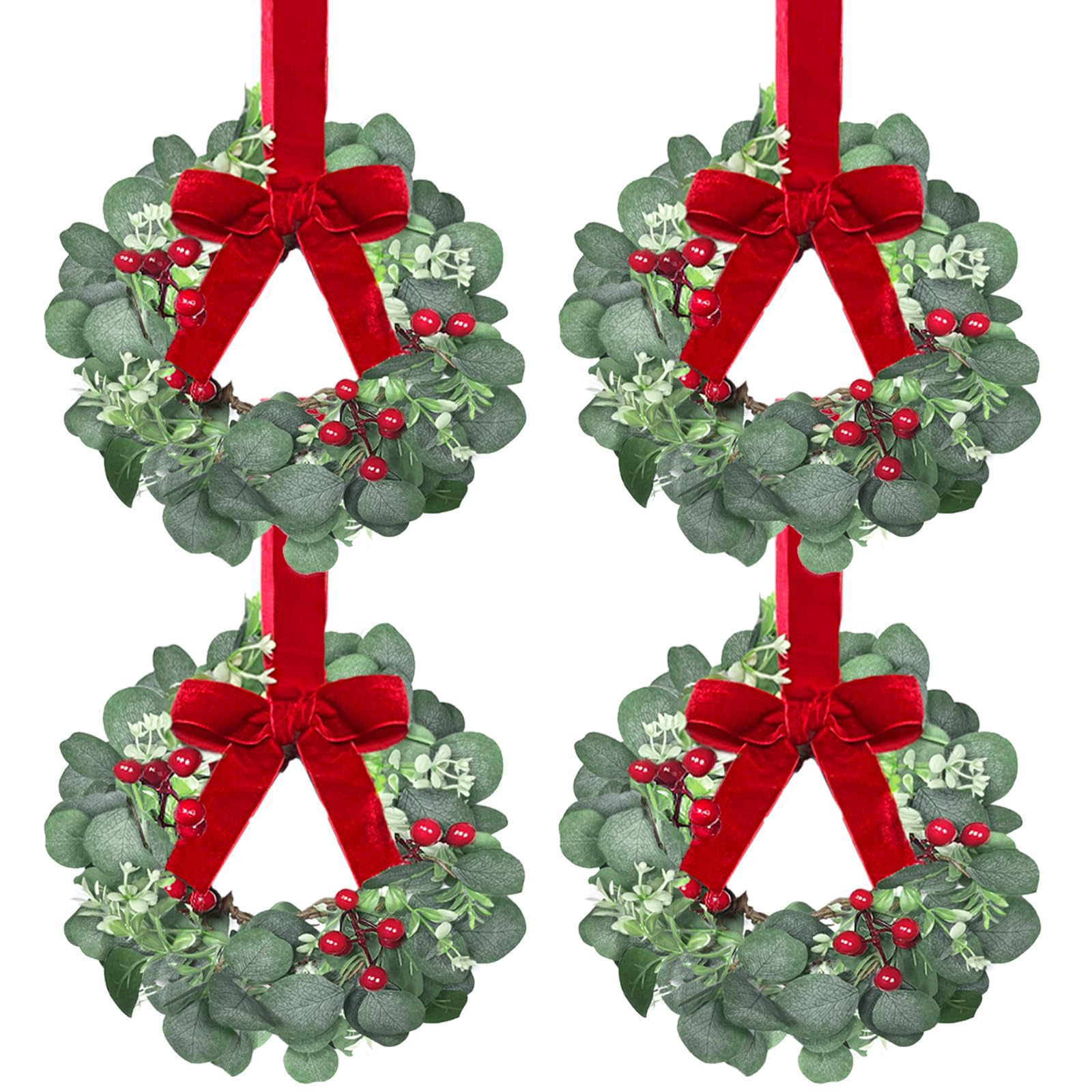 Photo 1 of 4 Pack 12 Inch Christmas Kitchen Decor Mini Christmas Wreath Small Cabinet Wreaths with Red Bow Eucalyptus Leaves Flowering Boxwood Branches Red Berry Xmas Wreaths for Windows Door Wall Stairs Home