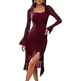 HomRain Women's Long Sleeve Midi Dress Bodycon Square Neck Split Hem Mesh Wedding Guest Cocktail Party Dresses