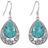 Genuine Turquoise Floral Vintage Earrings, Sterling Silver Boho Native American Western Teardrop Earrings Jewelry for Women