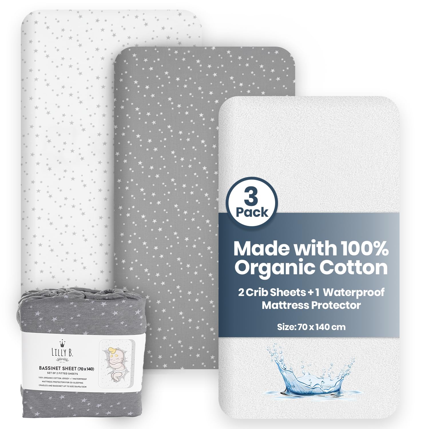 Lilly Belly- Cot Bed Sheets | 100% Organic Cotton Sheets 140 x 70 for Toddler Bed | 2+1 Waterproof Protector pad Compatible Travel Cot and Travel Cot Mattress | Pack of 3 Toddler Bed Sheets