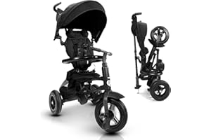 POSH BABY & KIDS QPlay Rito Toddler Tricycle with 3-Stages - Premium Push Trike Featuring Easy Storage & Transportability, Safety Harness, Adjustable Canopy & Parent Handle (Ages 1-5, Black)