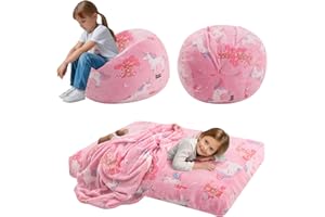 COMAX Kids Bean Bag Chair Turn into Beanbag Bed, Toddler Bean Chair for Girl Boy Sleeping, Lazy Children Bean Bags with Filler, Convertible Child Floor Mattress, Pink Fairy