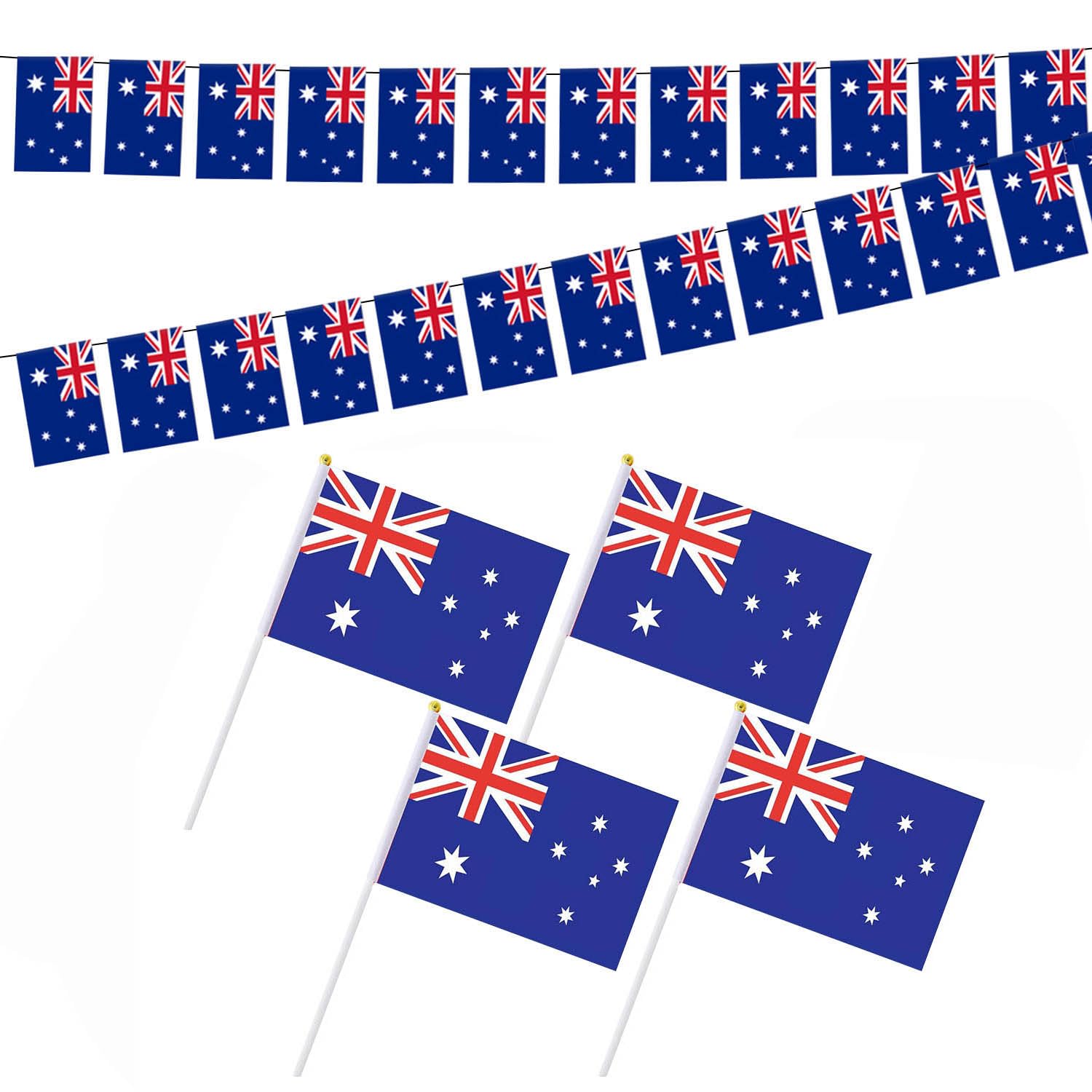 TYGFRT 1 Piece Australian Flag Bunting, 4 Hand Wave Flags, Red, White, Blue, 14cm x 21cm, Patriotic, Sports Events, Festivals, Celebrations