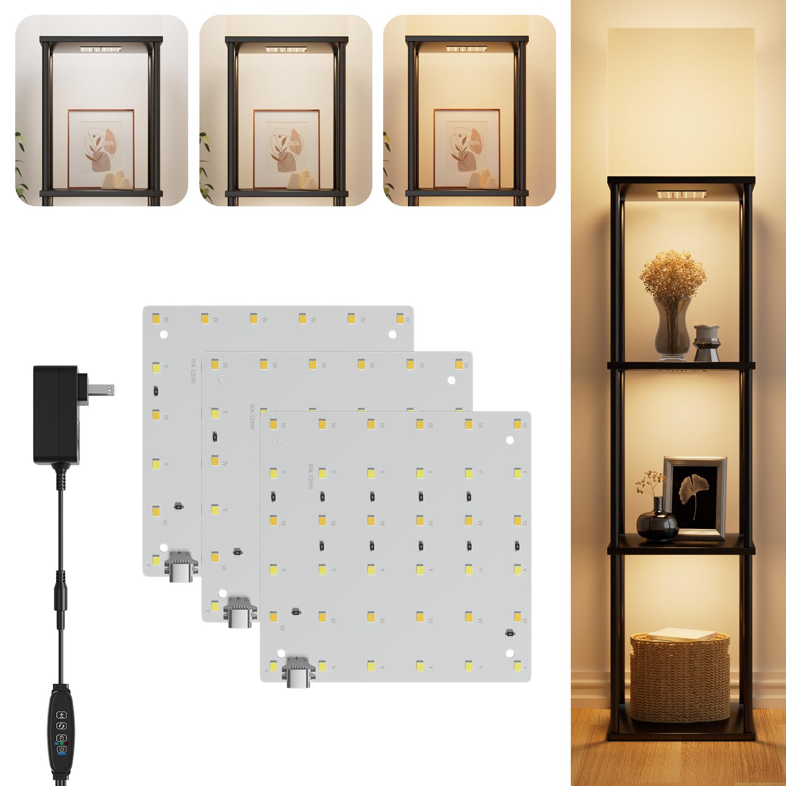 Photo 1 of 3-Pack Under Shelf Lighting for 3 Tier Floor Shelves, Ultra-Bright Square10 Dimmable Slim Stick on Lights,3-Color Timer 3/9/12H,Decor Lights for Living Room, Bedroom,Kitchen Storage Display Rack