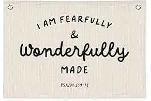 Wheatwin Kids Room Decor - Bible Verse Wall Hanging, 'I am Fearfully and Wonderfully Made' Linen Banner, Canvas Decoration for Classroom, Nursery, Kids Room