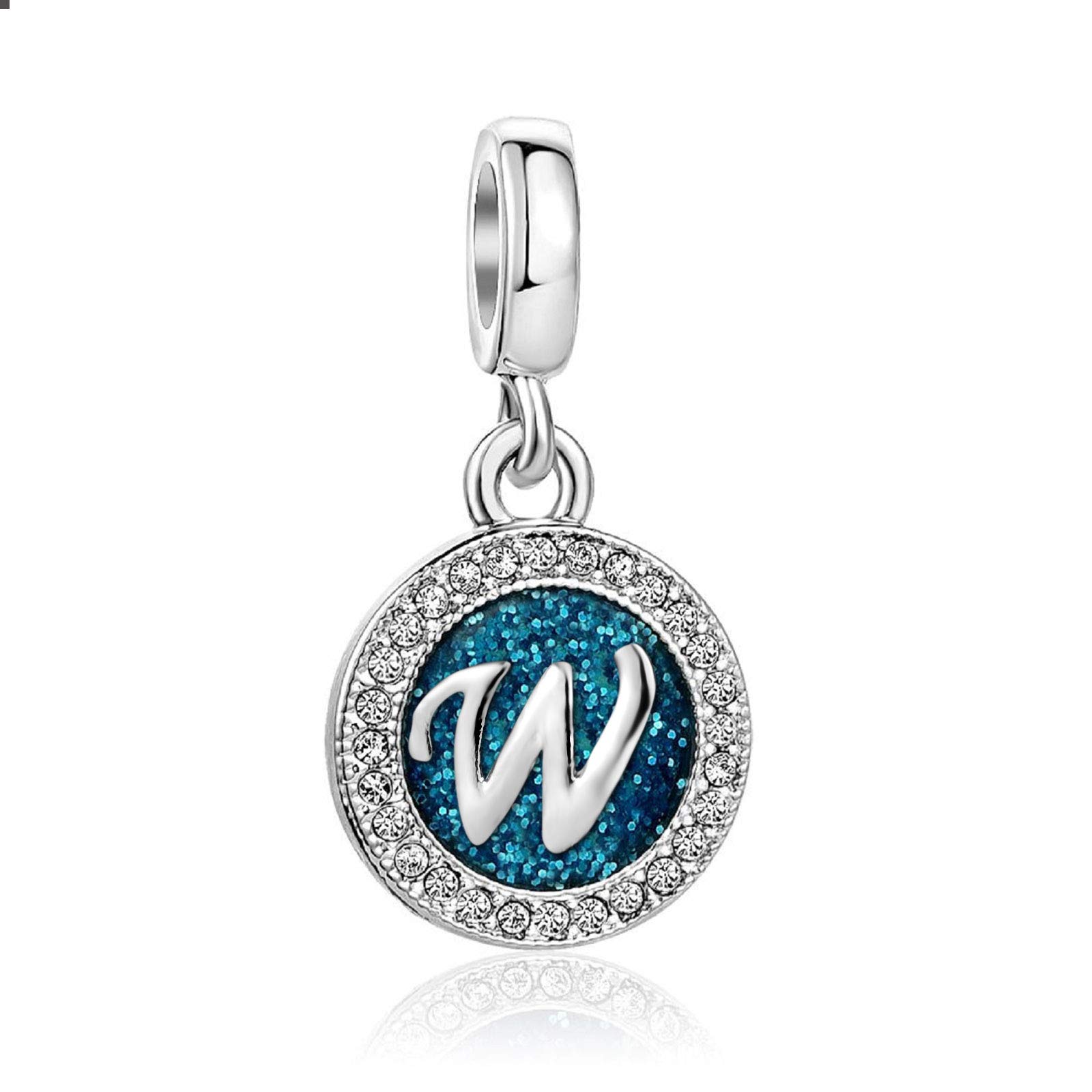 KunBead Jewelry Letter W Initial Charms Love Aunt 18 Baby Girl Boy Birthstone Blue Dangle Bead for Charm Bracelets