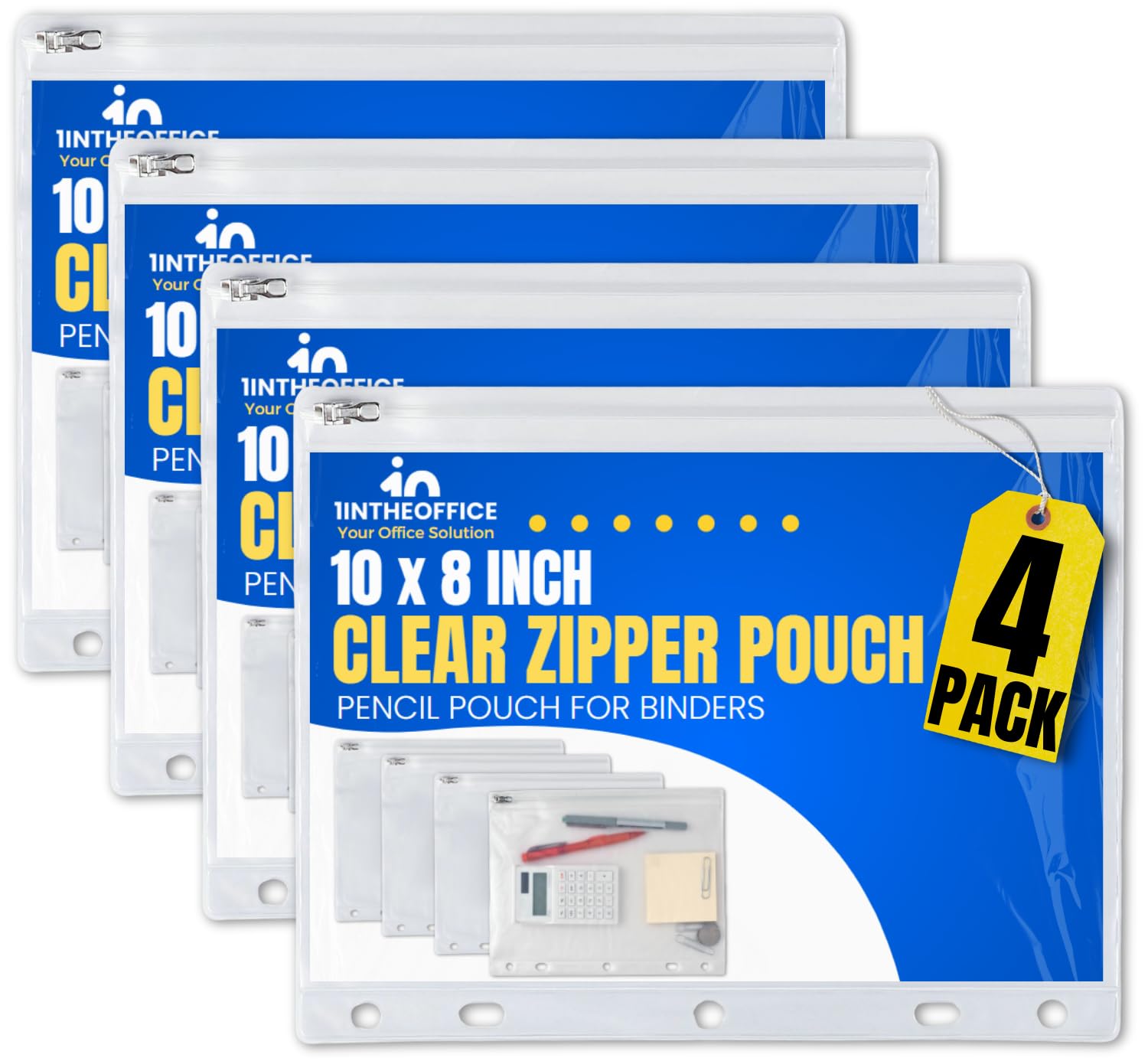 Photo 1 of 1InTheOffice Pencil Pouch for 3 Ring Binder, Binder Pencil Pouch, Zipper Pencil Pouch, 10" x 8", Clear, 4 Pack