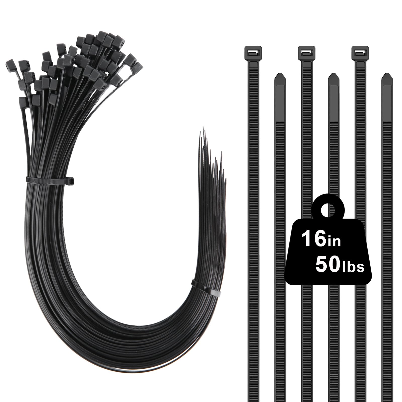 16 inch Cable Ties 100 Pack, 400mm x 4.8mm Black Long Zip Ties, Tensile Strength 50 lbs with UV Resistant, Nylon Plastic Self Locking Heavy Duty Cable Wrap for Tidy Wires Home Workshop and Garden