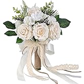 GLIDLION Wedding Bouquets for Bride Bridesmaid,White Champagne Artificial Roses Flowers for Wedding Church Decoration (7.5in)