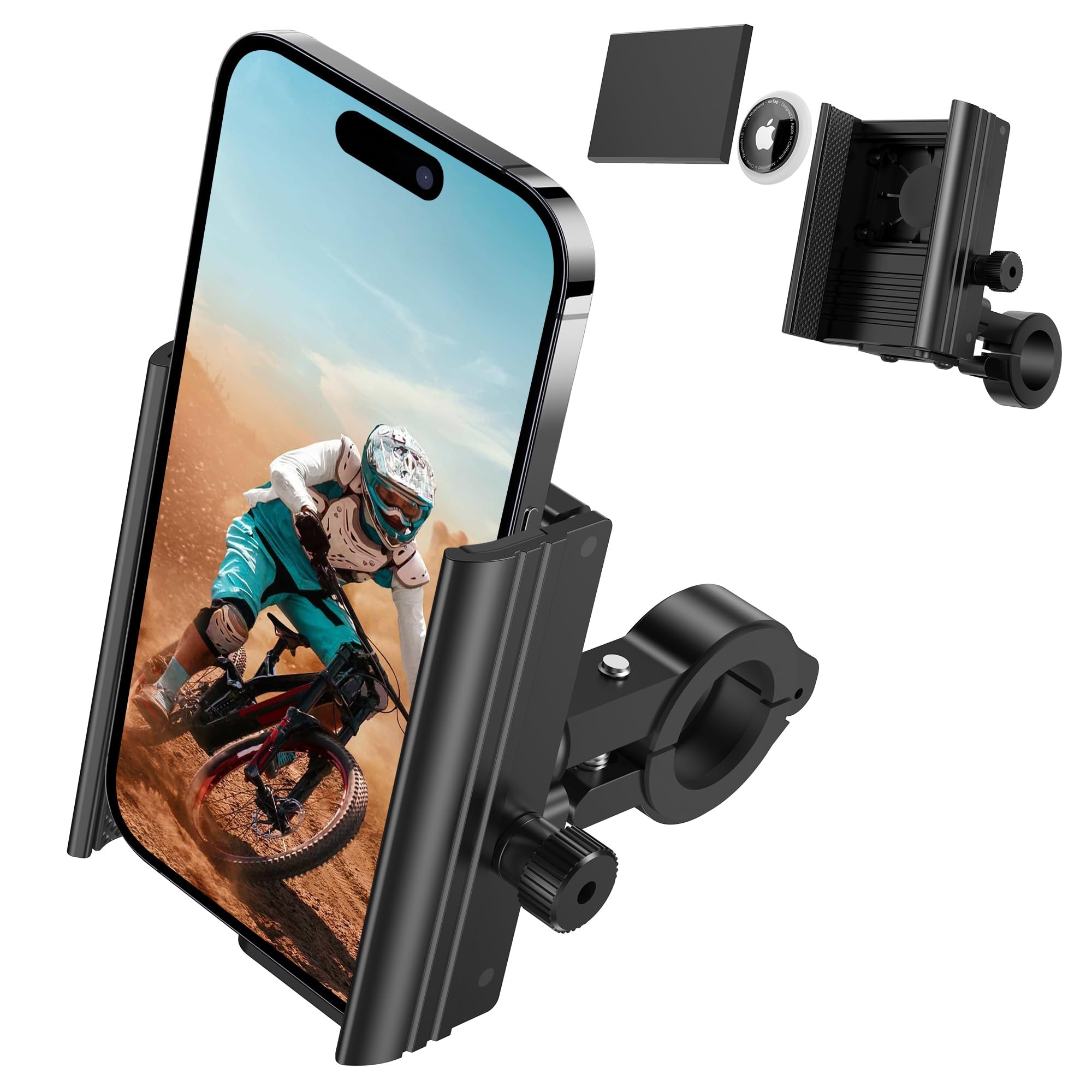 Idoove for Airtag Holder for Bike Phone Mount, Bicycle Phone Mount Compatible with Airtags, Anti-Theft Air Tag GPS Tracker Motorcycle Handlebar Cell Phone Clamp, Scooter Phone Clip (Full Metal, Black)