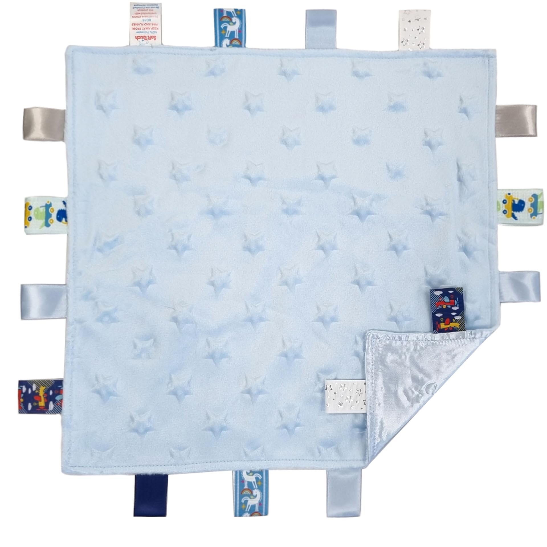 Soft Touch Taggie Comforter Baby Comfort Blanket with Sensory Tags and Bubble/Heart/Star/Foil Print Pattern (Blue Star)