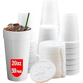 20 OZ Foam Cups With Lids for Hot &amp; Cold Drinks, USA-Made 50-Pack. Ideal Styrofoam Coffee Cups, Insulating To-Go Cups for Soda, Tea, Juice - Sturdy, Disposable &amp; comparable to Industry standard 20J20