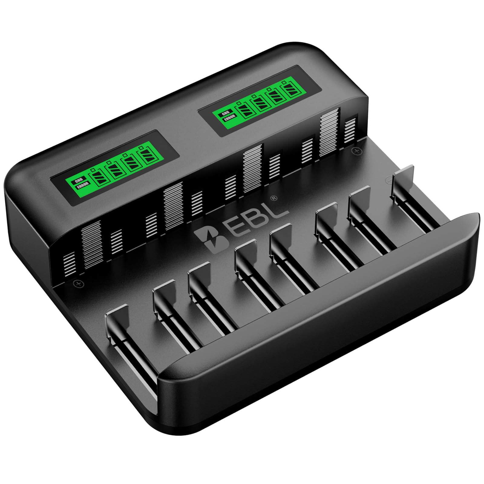 EBL LCD Universal Battery Charger - 8 Bay AA AAA C D Battery Charger for Rechargeable Batteries Ni-MH AA AAA C D Batteries with 2A USB Port, Type C Input, Fast Charger(9008)