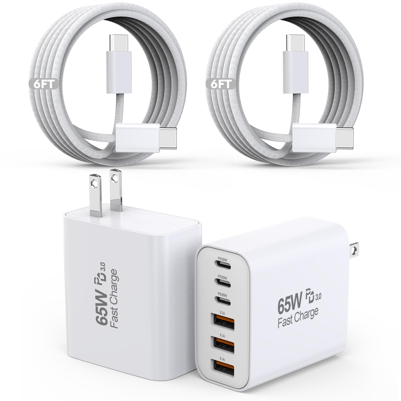 65W USB C Charger Block, 2Pack 6-Port Fast Charging Block with 6ft Long TypeC to TypeC Woven Cable Cord,Multiport Plug,USB C Power Adapter for iPhone 17/17 Air/17 Pro/16/16e/16 Pro Max/15,iPad,AirPods