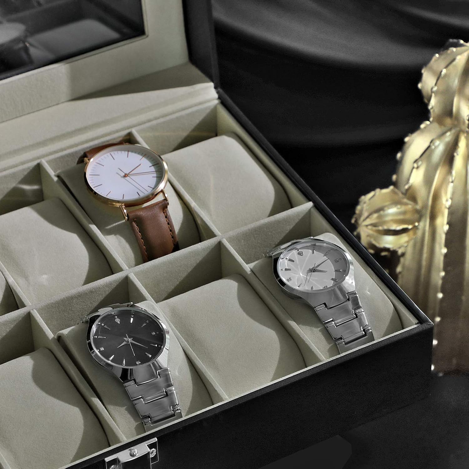 SONGMICS Watch Box with 12 Slots, Watch Case with Glass Lid, Watch Display Box with Removable Watch Pillows, Metal Clasp - Image 5