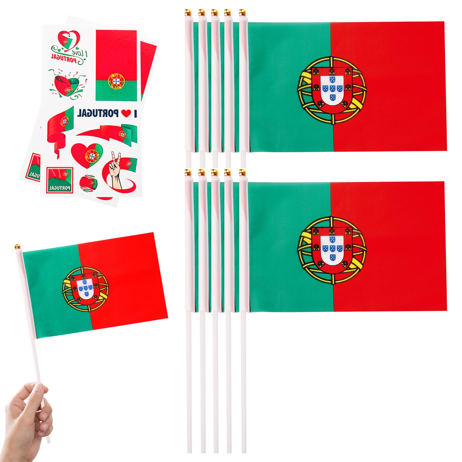 10pcs Small Portugal Flags on Sticks & 2pcs Temporary Tattoos for Football 2025 Party,Mini Portuguese Flags on Sticks Hand Held Flags for VE Day 80th Events Celebration Portugal Party Decor — image 1
