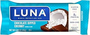 LUNA Bar - Chocolate Dipped Coconut Flavor - Gluten-Free - Non-GMO - 7-9g Protein - Made with Organic Oats - Low Glycemic - W